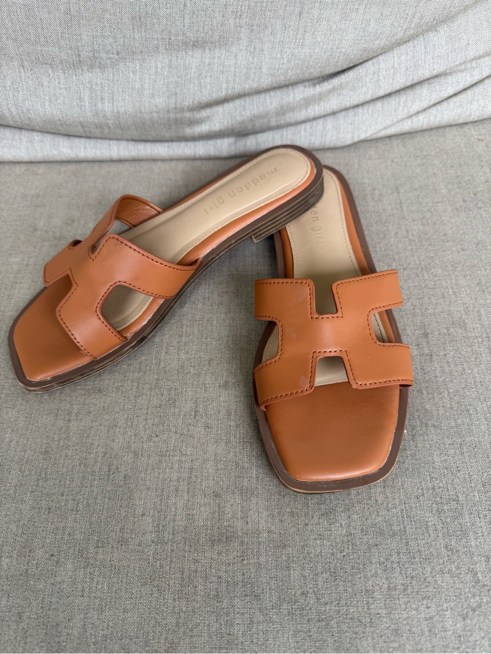 Madden Girl, Slide Mules with H-Cut Strap, Tan, Size 6
